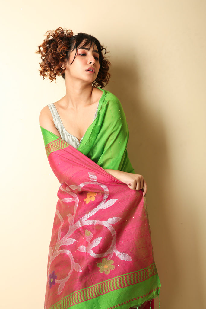 Kelly Green Sequin Saree With Pink Weaving Pallu freeshipping - Charukriti