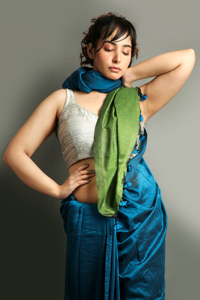 Sapphire Blue Khadi Cotton Saree Basil Green Pallu - Charukriti.co.in