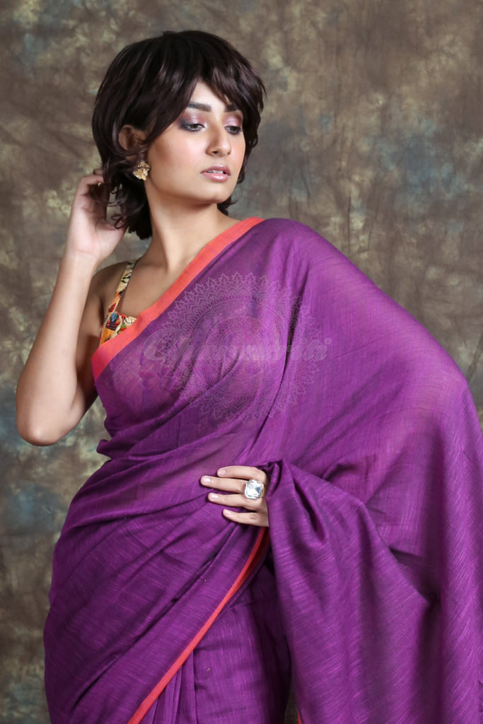 Purple Cotton Handloom Saree freeshipping - Charukriti