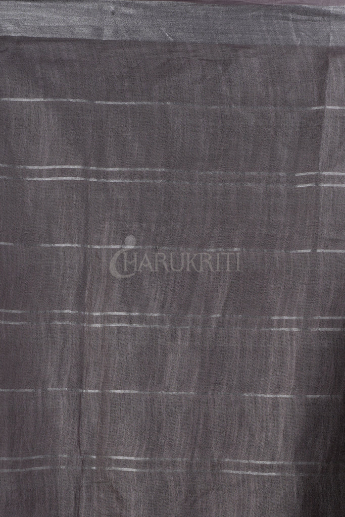 GREY CHECKERED LINEN SAREE WITH ZARI BORDER freeshipping - Charukriti