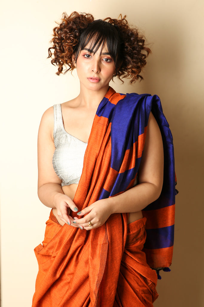Orange Khadi Cotton Saree With Blue Pallu freeshipping - Charukriti