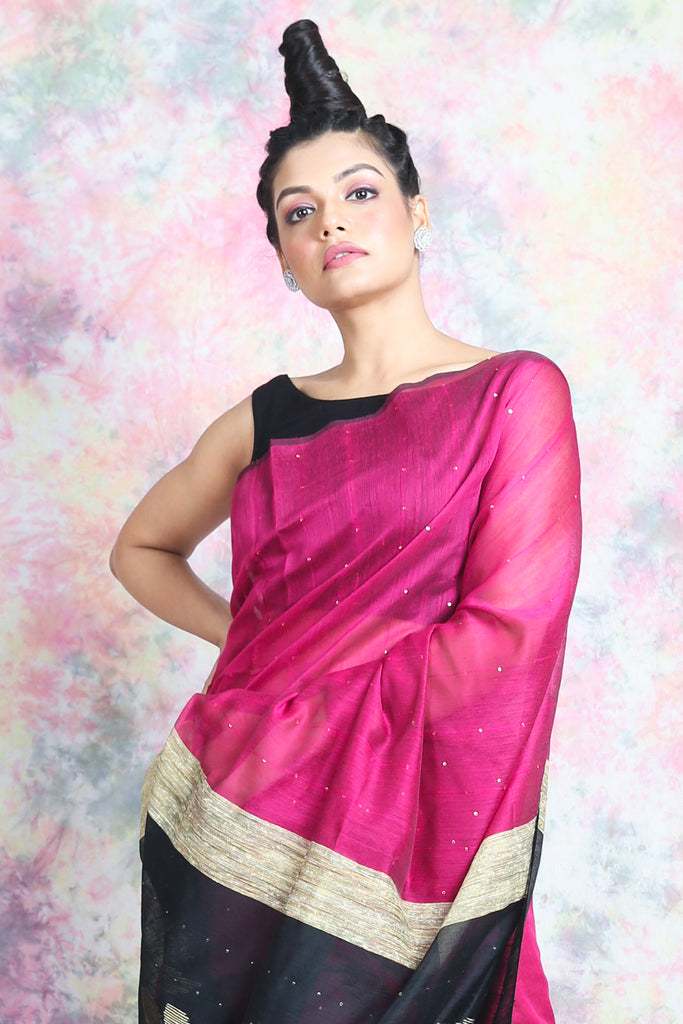 Deep Pink Sequine Saree With Rich Pallu freeshipping - Charukriti