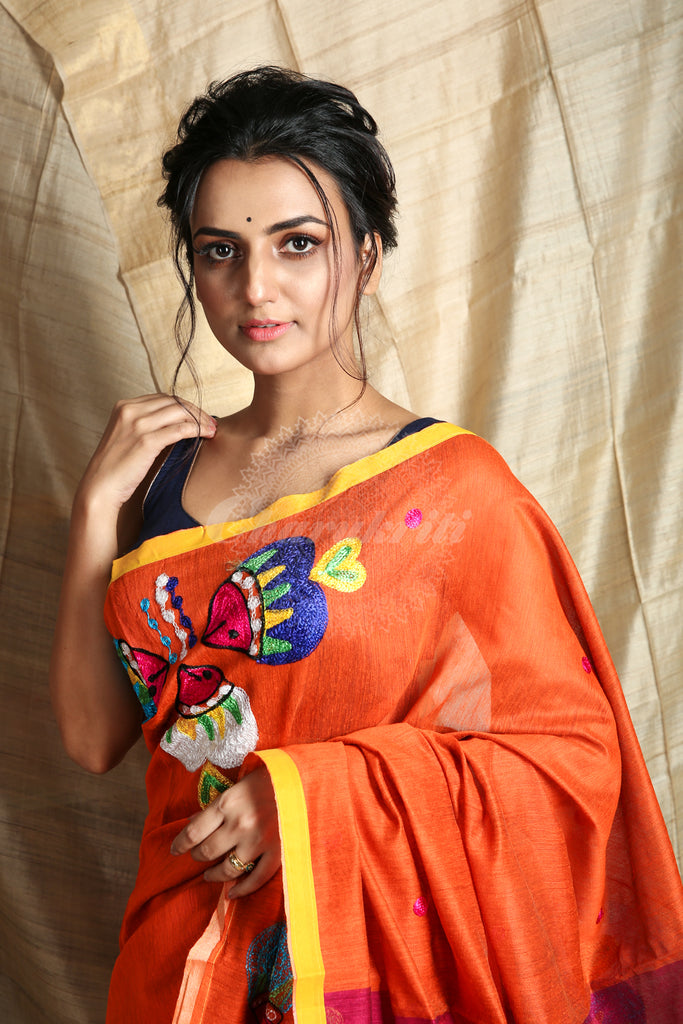 Orange & Magenta Handloom with All Over Embroidery Work freeshipping - Charukriti