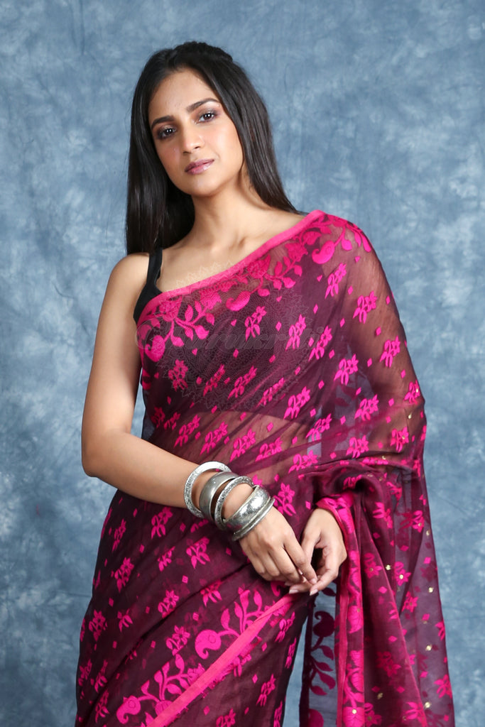 Floral Weaving Wine Jamdani Saree freeshipping - Charukriti