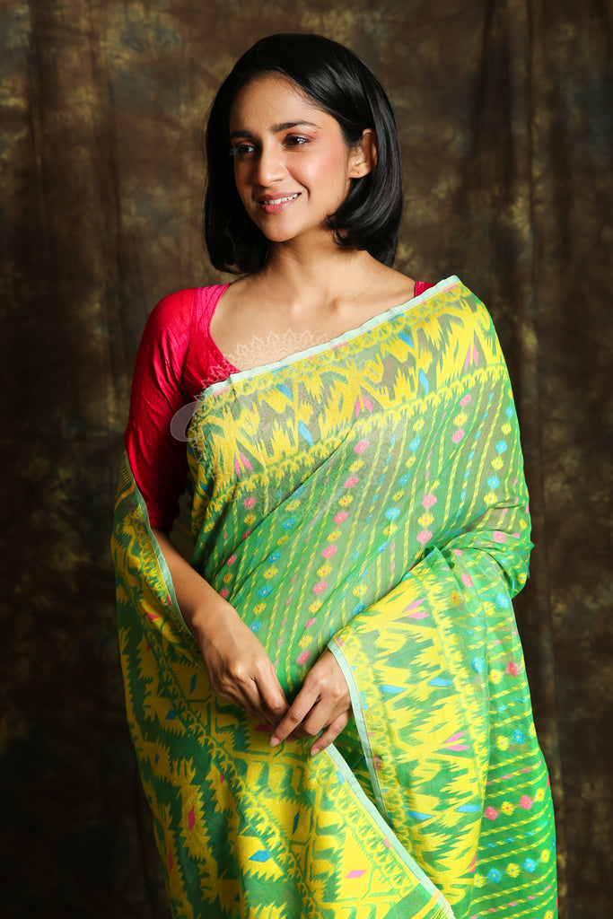 Light Green Jamdani Saree With Allover Minakari Weaving freeshipping - Charukriti