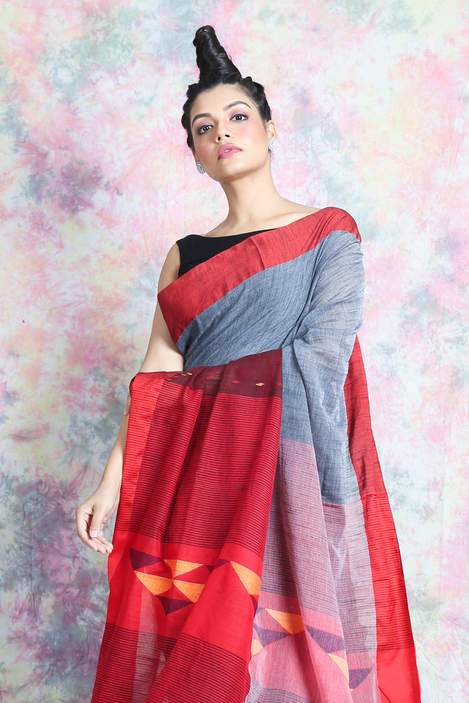 Grey & Maroon Cotton Saree With Geometrics Pallu freeshipping - Charukriti