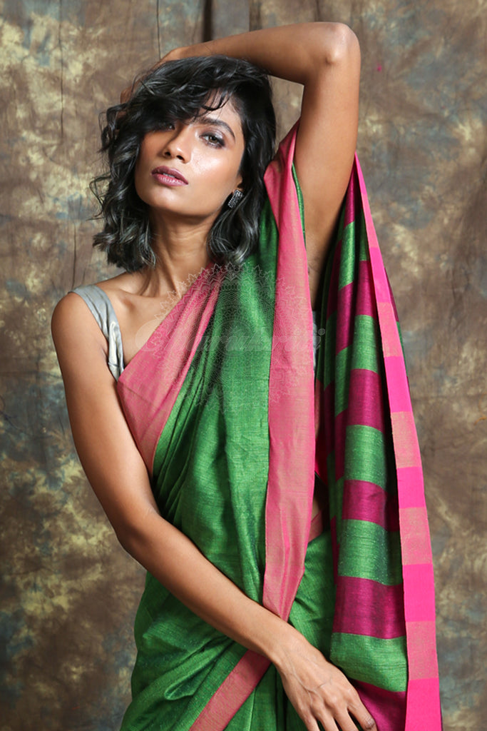 Green Handloom Saree with Pink Border freeshipping - Charukriti