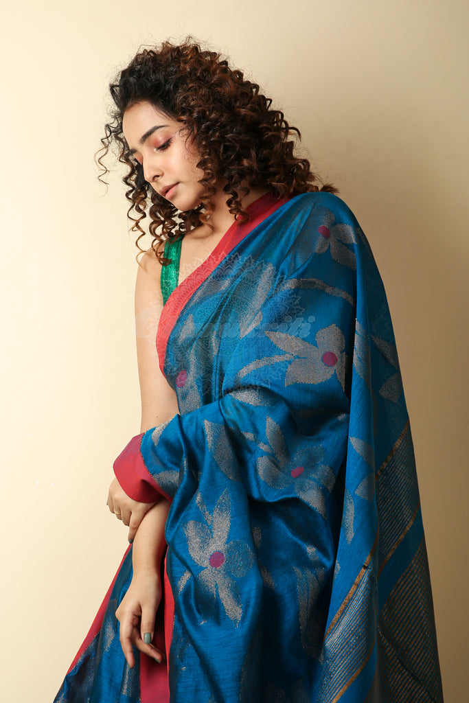 Blue Handloom Saree With All Over Zari Weaving freeshipping - Charukriti