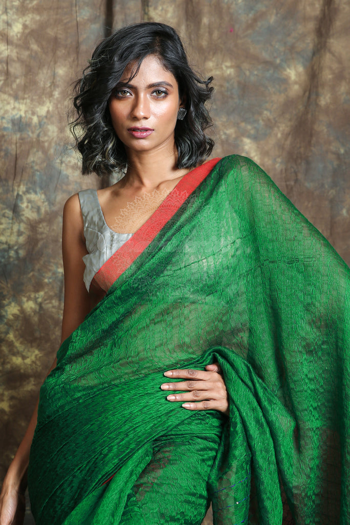 Green Allover Texture Weaving Handloom Saree freeshipping - Charukriti