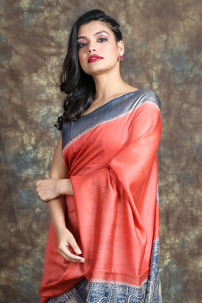 Peach Printed Tussar Silk Saree - Charukriti.co.in