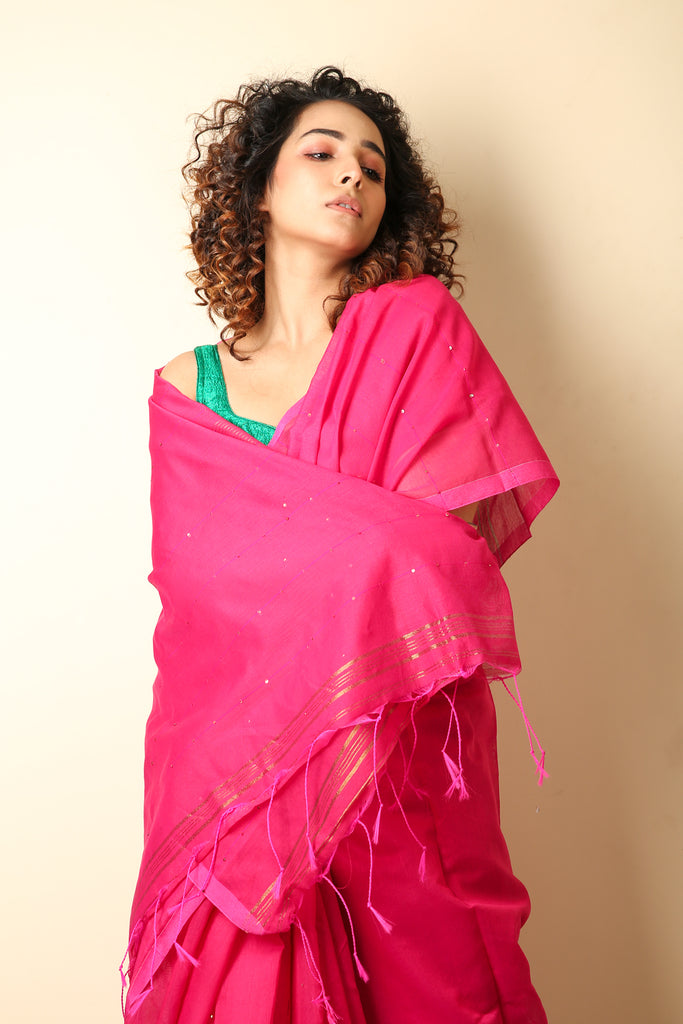 Pink sequence handloom Saree freeshipping - Charukriti