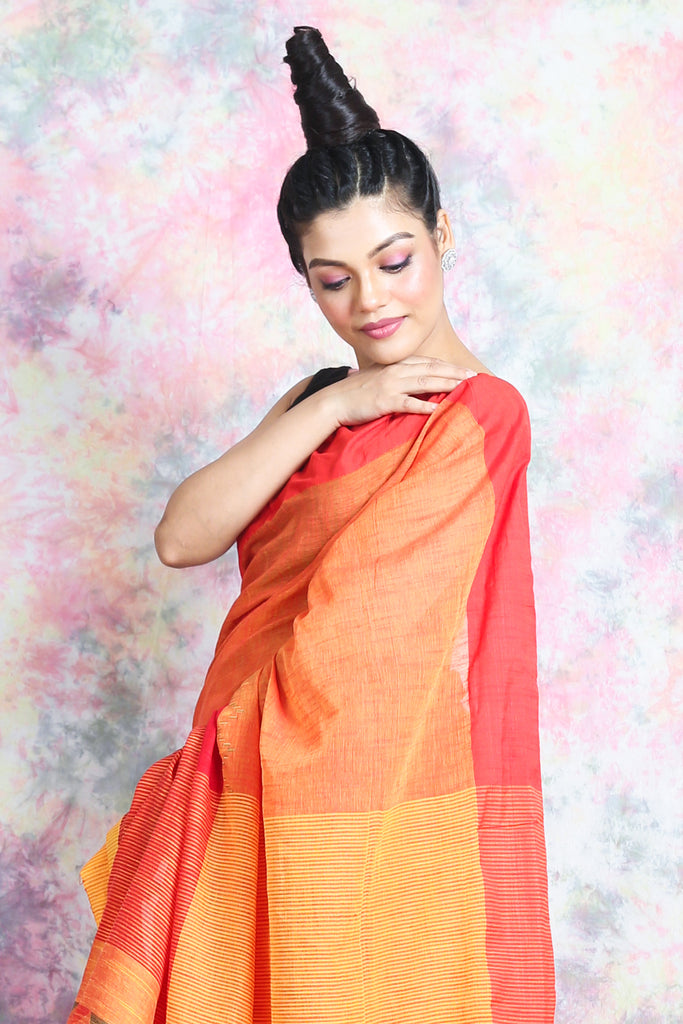 Red & Yellow Cotton Saree With Geometrics Pallu freeshipping - Charukriti