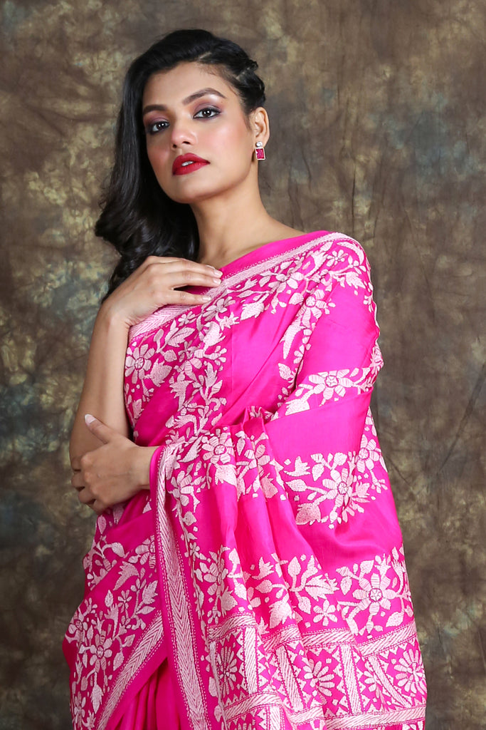 Pink Kantha Stitch Saree - Charukriti.co.in