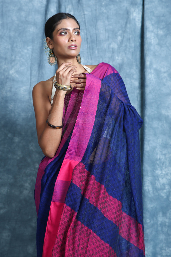 Blue Handloom Saree with Allover Texture Weaving freeshipping - Charukriti