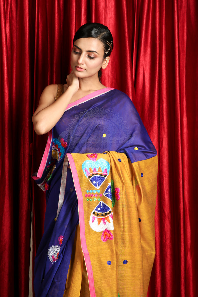 Mustard & Navy Blue Handloom with All Over Embroidery Work freeshipping - Charukriti