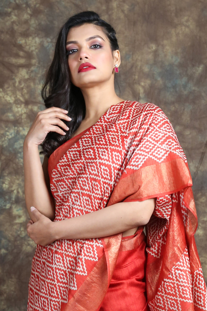 Red Printed Tussar Silk Saree - Charukriti.co.in