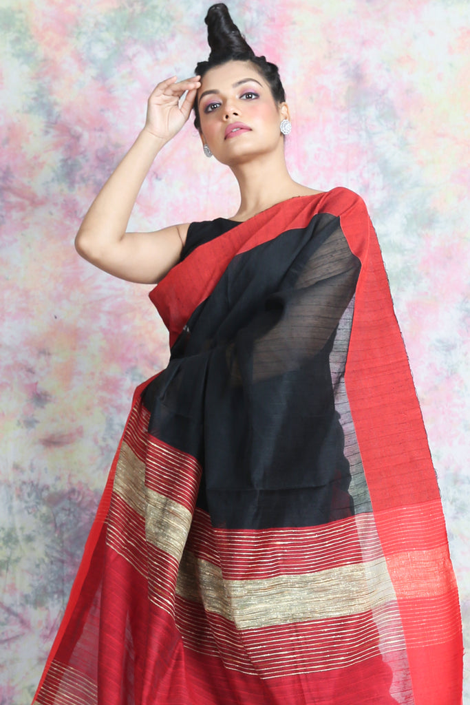 Black Handloom Saree with Red Border freeshipping - Charukriti