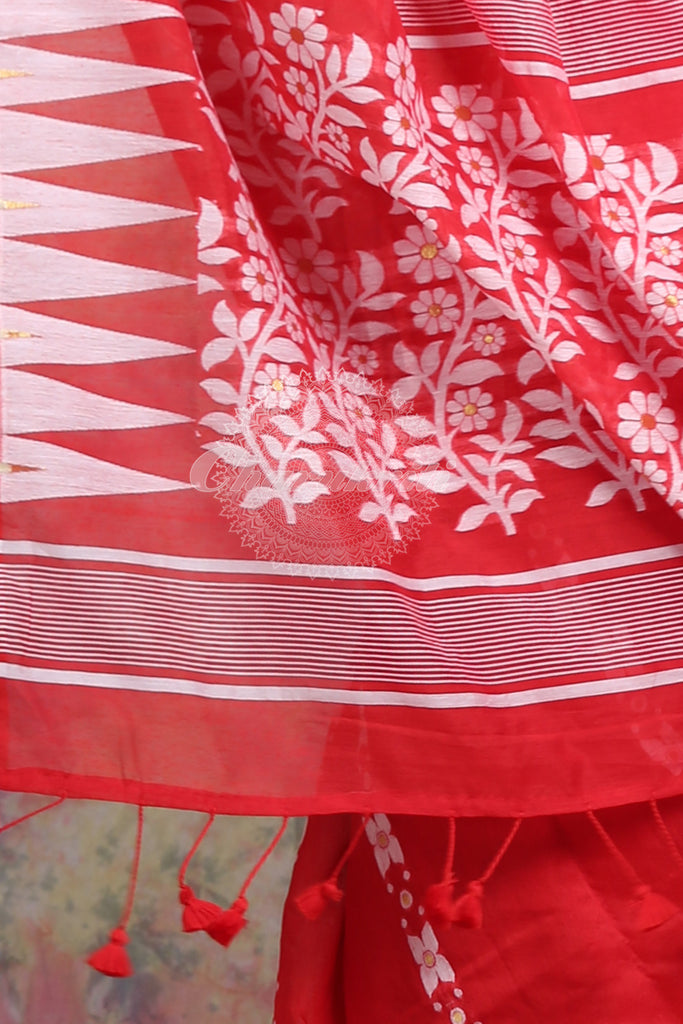 Red Jamdani With White Thread Weaving Saree And Jhumka Pompom freeshipping - Charukriti