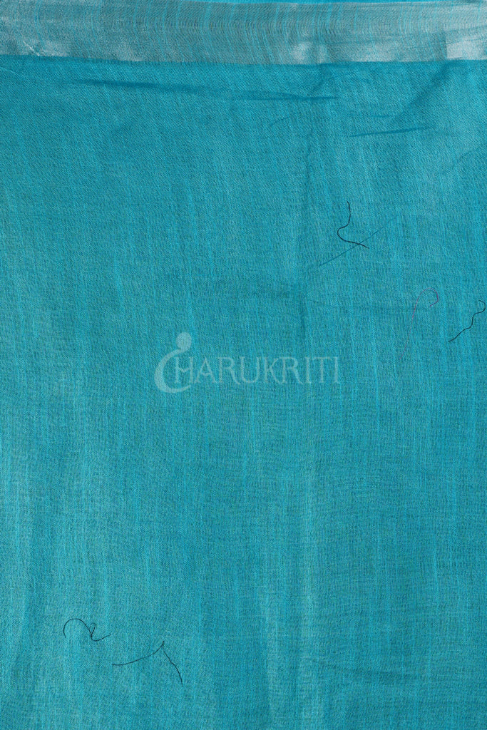 SKY BLUE COTTON BLENDED LINEN SAREE WITH SILVER BORDER AND COIN BUTA freeshipping - Charukriti