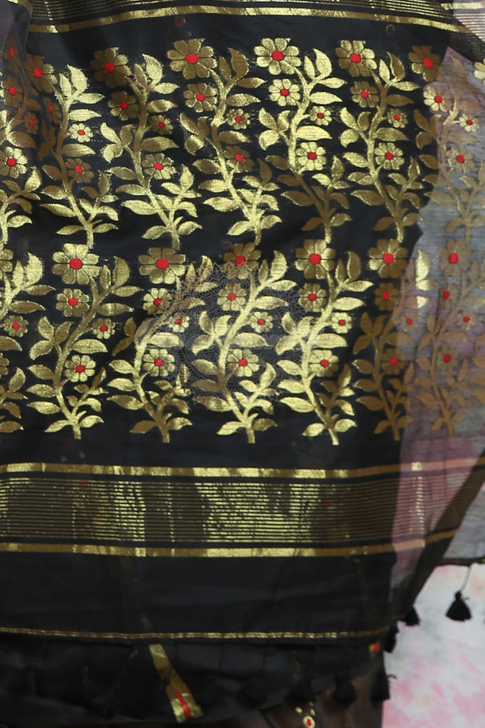 Black Jamdani With Golden Zari Thread Weaving Saree And Jhumka Pompom freeshipping - Charukriti