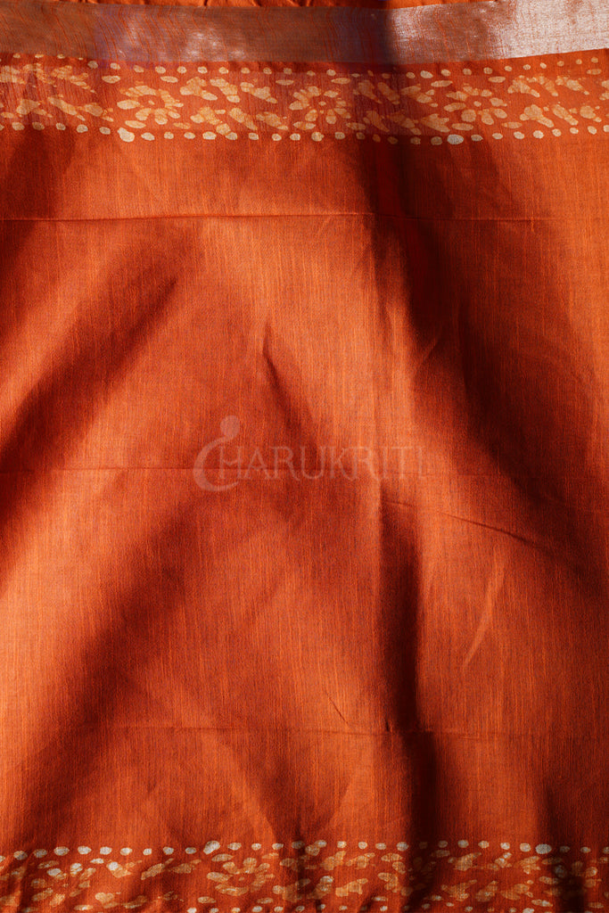 ORANGE LINEN SAREE WITH BATIK PRINT freeshipping - Charukriti