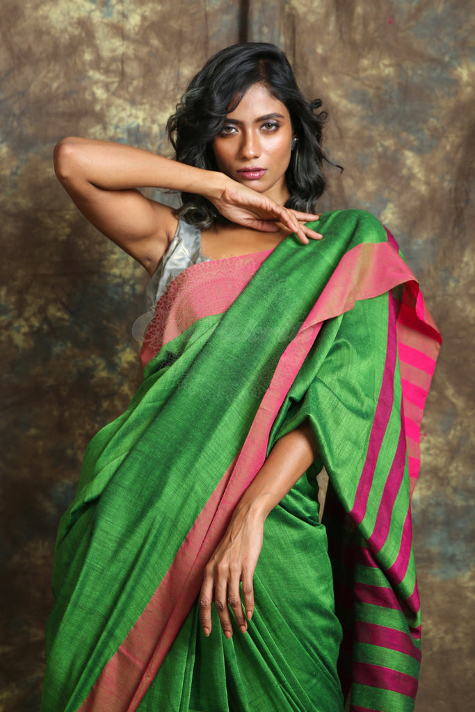 Green Cotton Handloom Saree with Pink Border freeshipping - Charukriti
