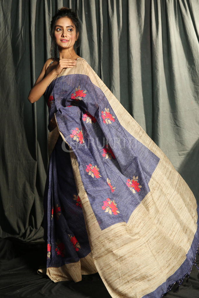 DENIM BLENDED GHEECHA WITH FLORAL EMBROIDERY freeshipping - Charukriti