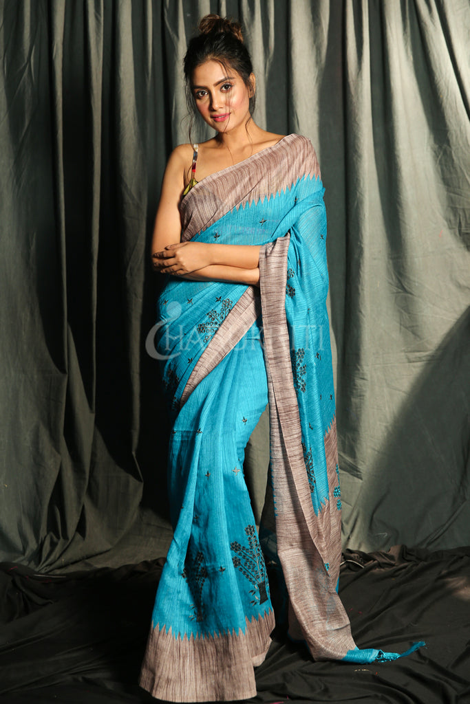SKY BLUE BLENDED MATKA WITH JAAL CUT EMBROIDERY & GREY BORDER AND PALLU freeshipping - Charukriti