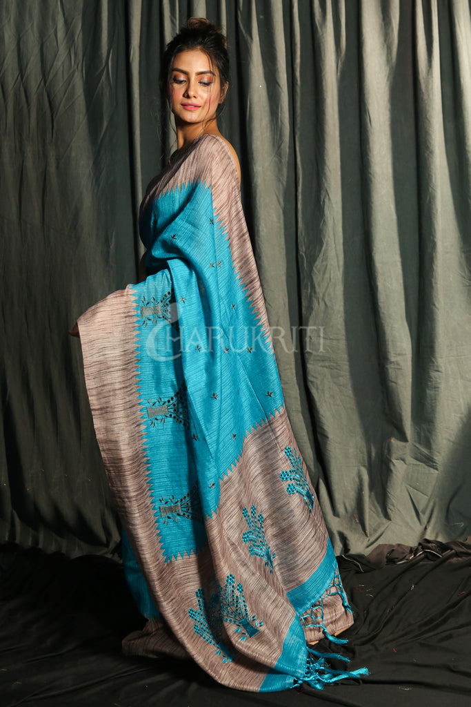 SKY BLUE BLENDED MATKA WITH JAAL CUT EMBROIDERY & GREY BORDER AND PALLU freeshipping - Charukriti