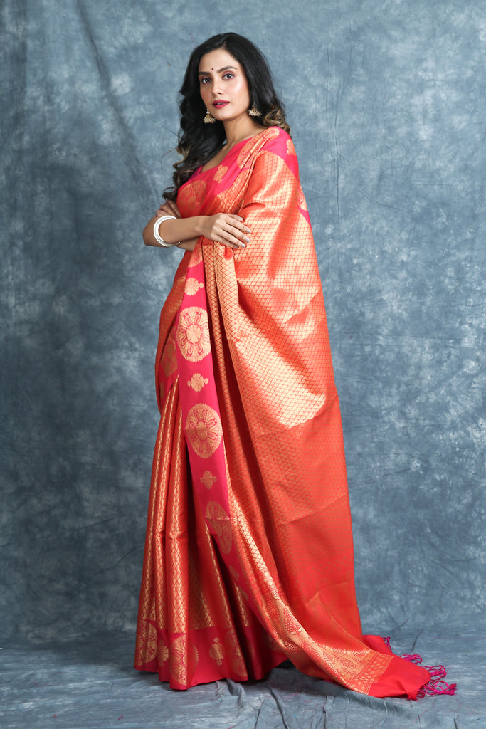 Pink Brocade Saree With Zari Work freeshipping - Charukriti