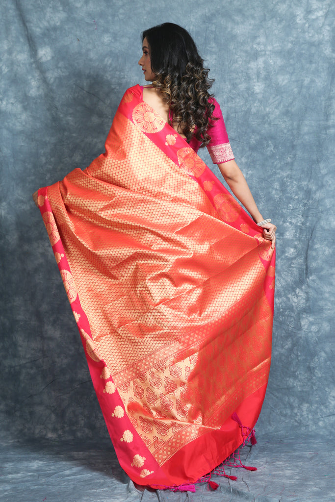 Pink Brocade Saree With Zari Work freeshipping - Charukriti