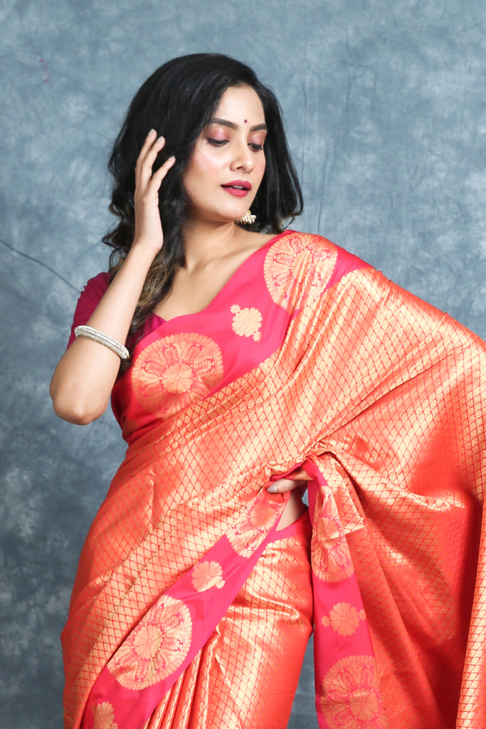 Pink Brocade Saree With Zari Work freeshipping - Charukriti