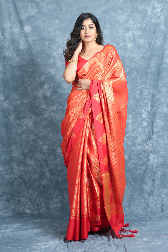 Red Brocade Saree With Zari Weaving freeshipping - Charukriti