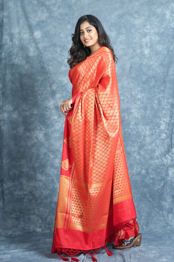 Red Brocade Saree With Zari Weaving freeshipping - Charukriti