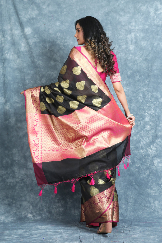 Black Silk Cotton Saree With Woven Design freeshipping - Charukriti