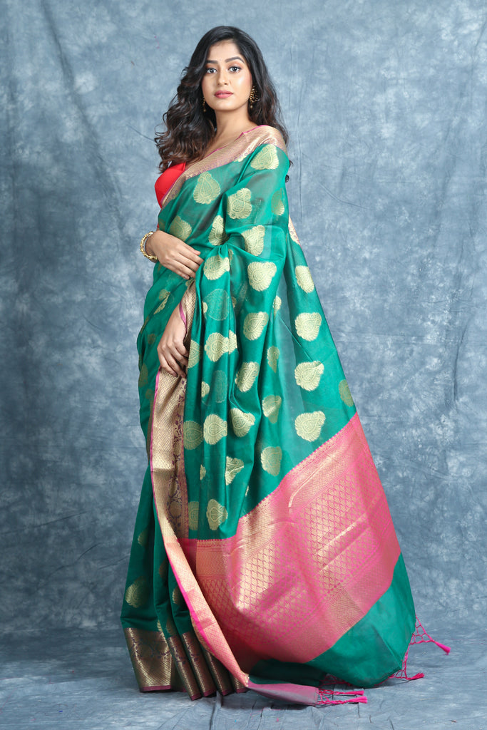 Green Silk Cotton Saree With Woven Design freeshipping - Charukriti