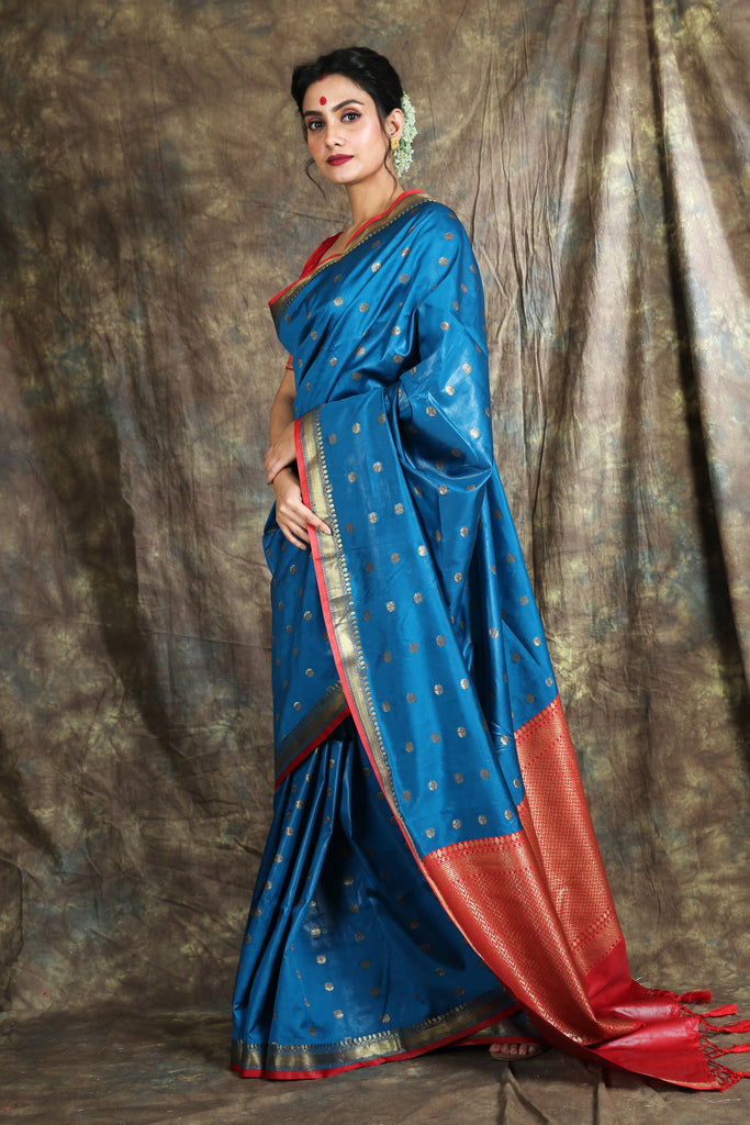 Blue Katan Handwoven Soft Saree With Wax Polish freeshipping - Charukriti