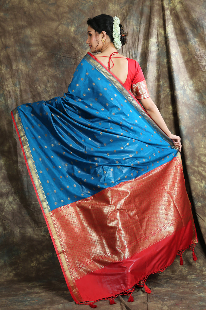 Blue Katan Handwoven Soft Saree With Wax Polish freeshipping - Charukriti