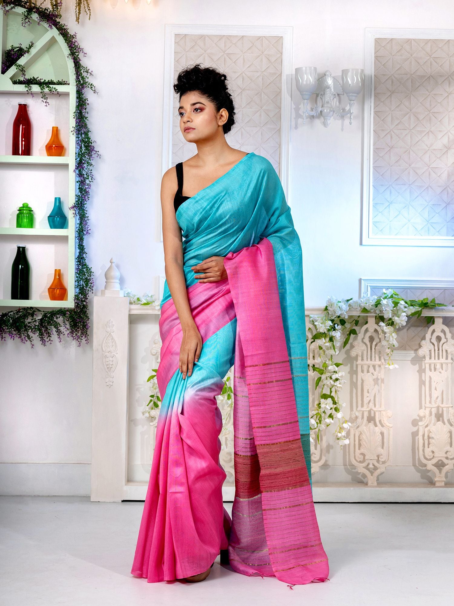 Traditional Blue Pink Bandhani Saree in Art Silk with Zari Border