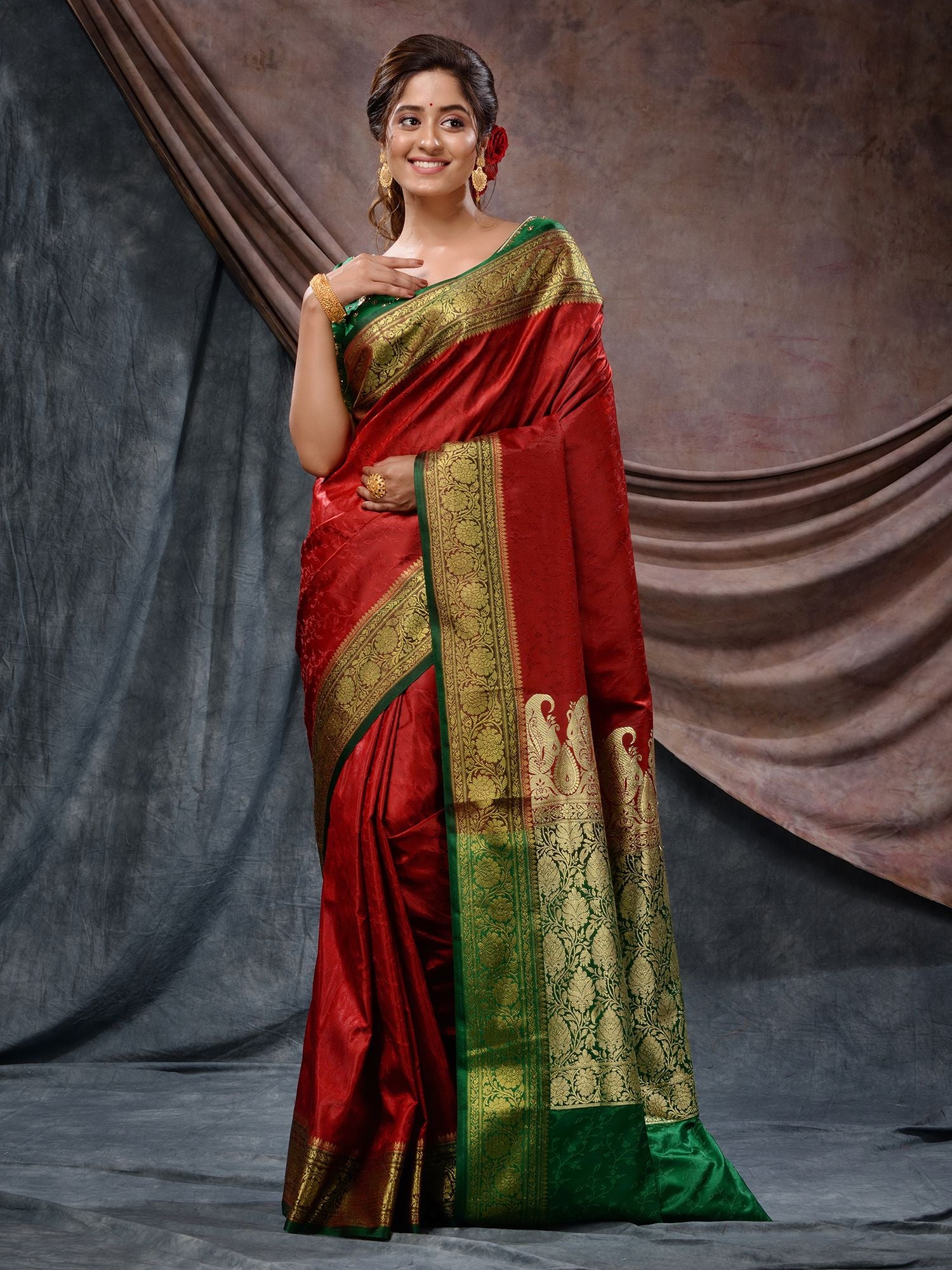 Brick Red And Green Emboss Silk Blend Handwoven Saree