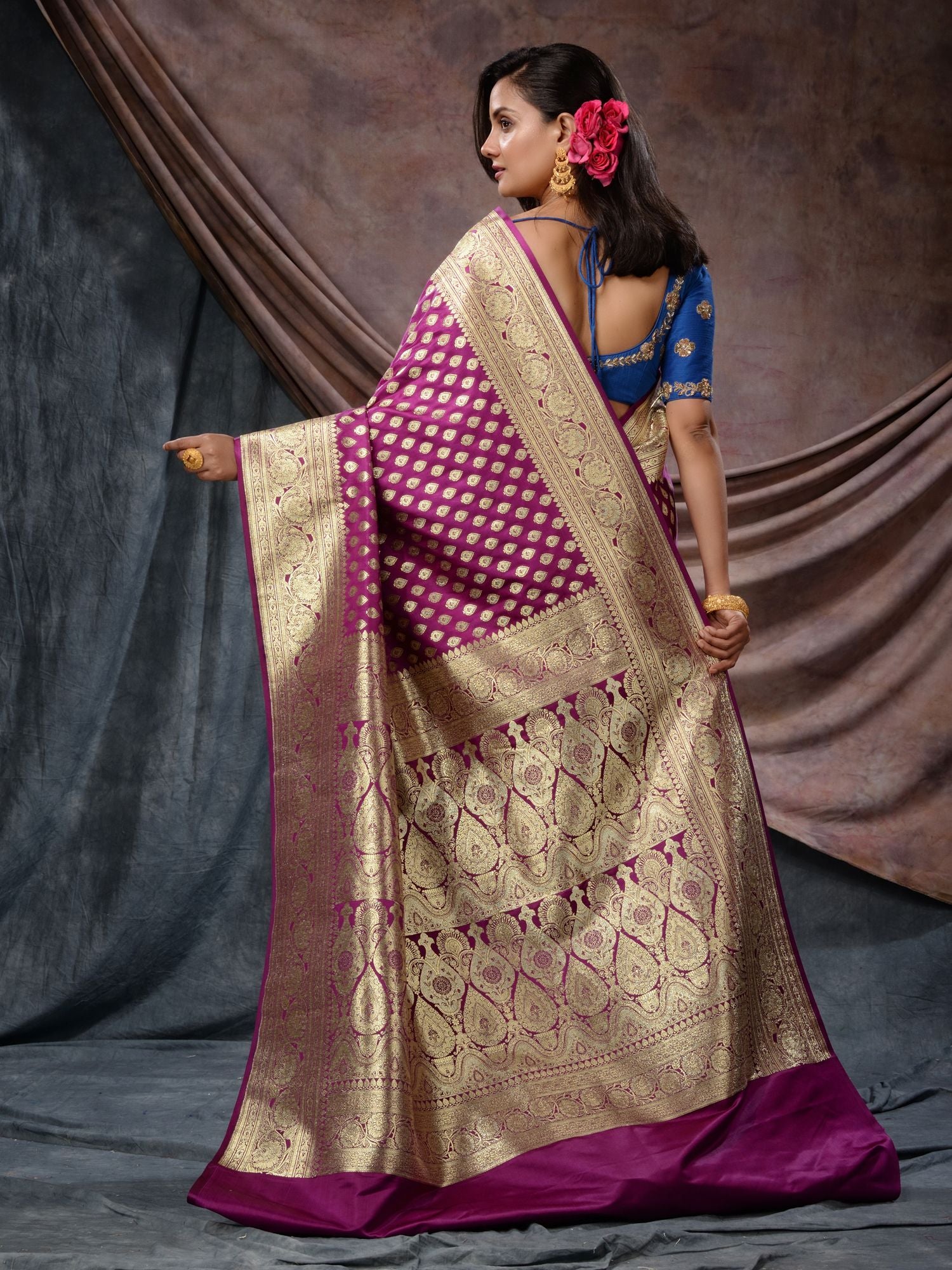 China Blue Kanjivaram Silk Saree With Floral Pattern | Singhania's