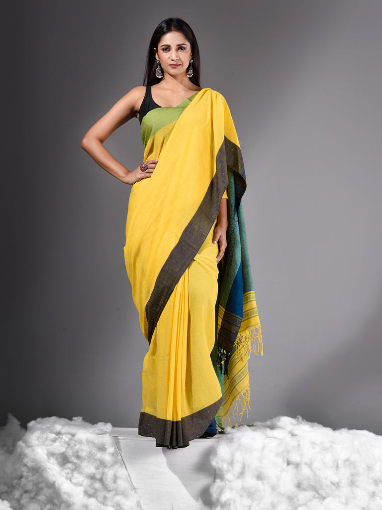 Yellow Handwoven Saree With Weaving Pallu freeshipping - Charukriti