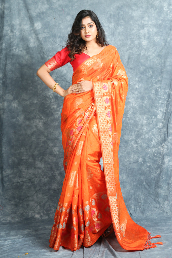 Orange Matka Silk Soft Saree With Zari Work freeshipping - Charukriti
