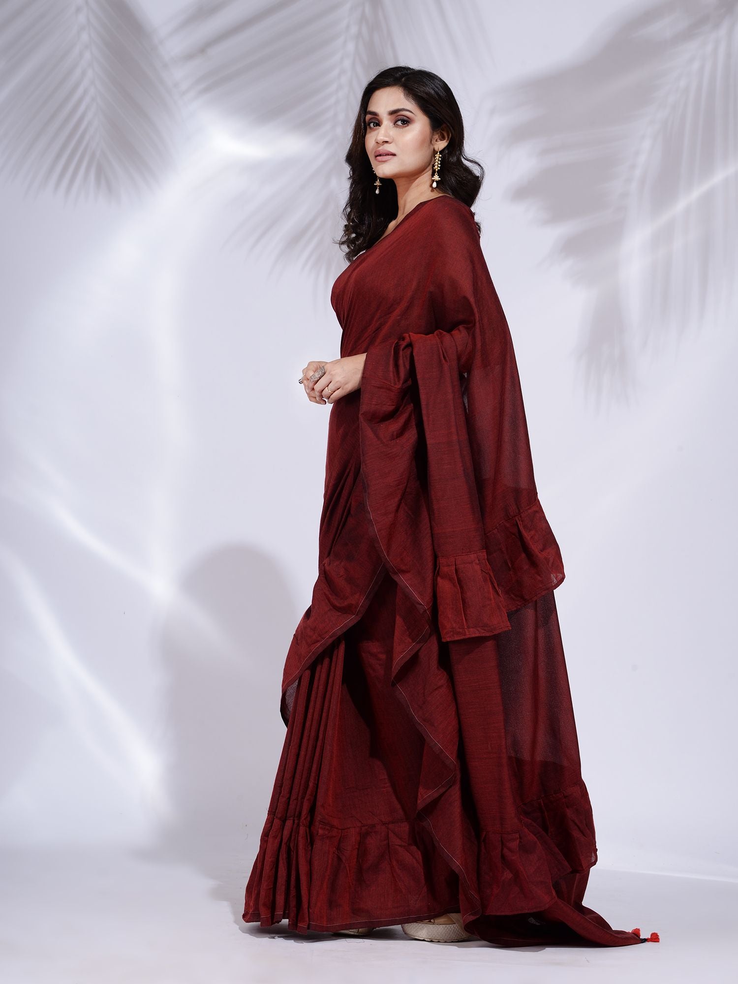 Buy Maroon Saree Chiffon Blouse Silk V Neck Ruffle With Embroidered For  Women by Charu and Vasundhara Online at Aza Fashions.