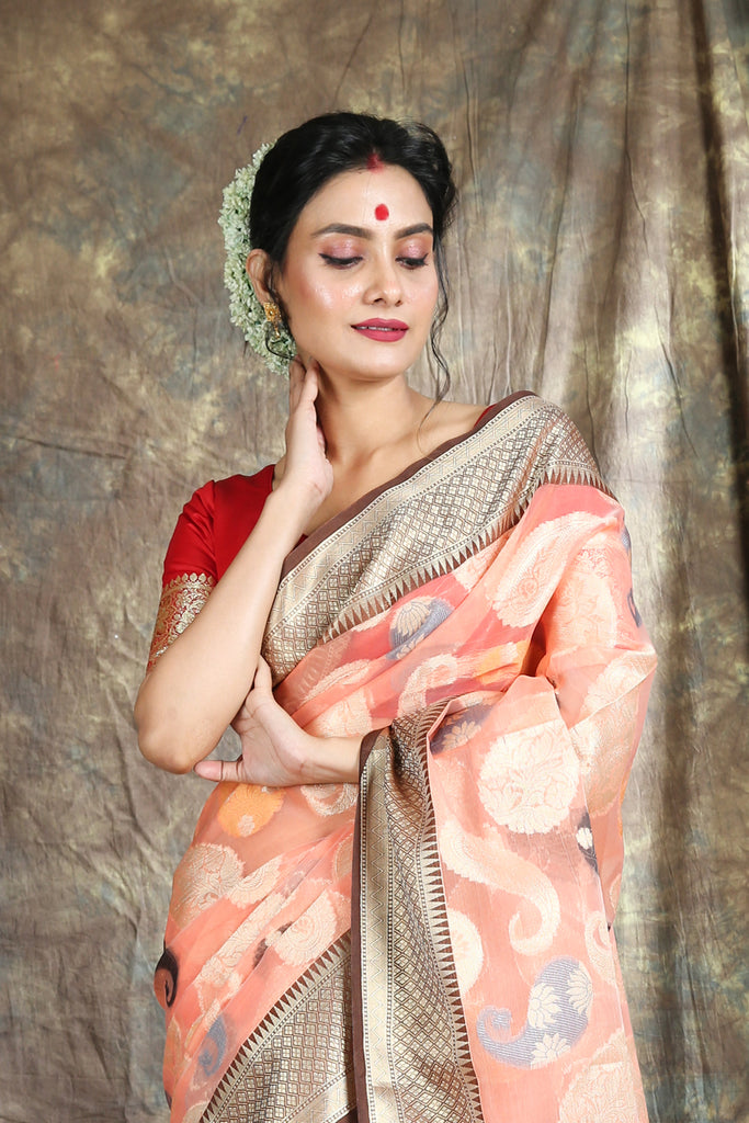 Peach Oraganza Saree With Theard Work freeshipping - Charukriti