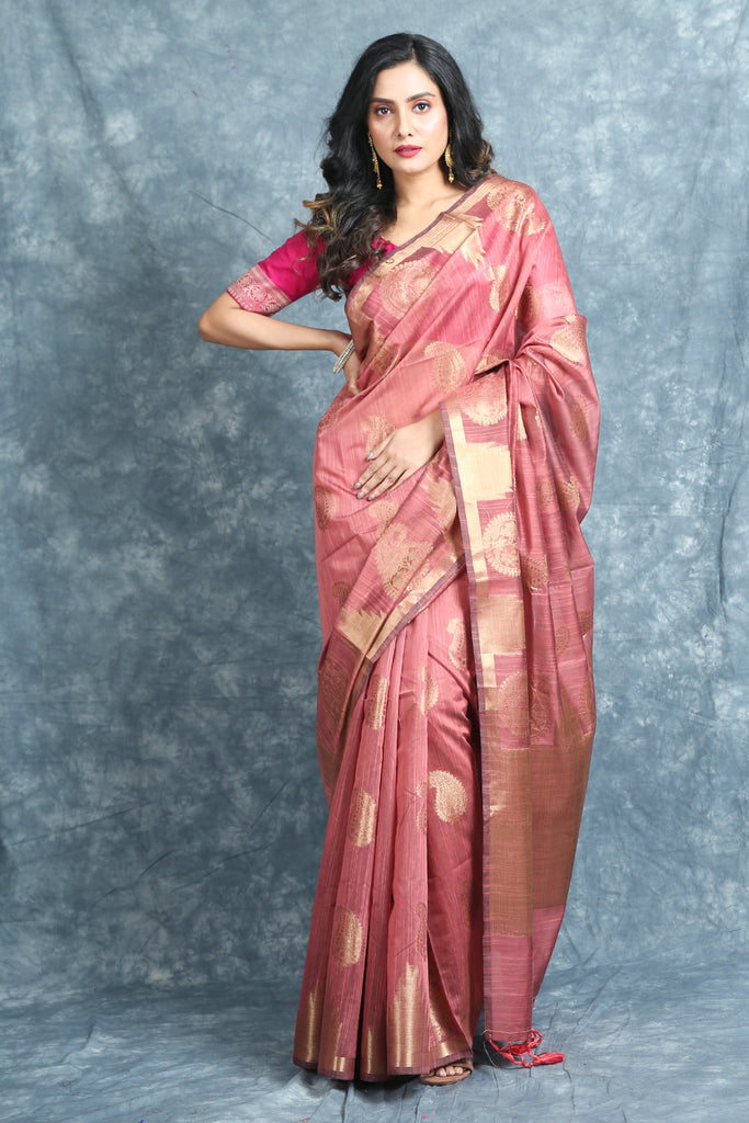 Peach Blended Silk Soft Saree With Allover Zari Woven freeshipping - Charukriti