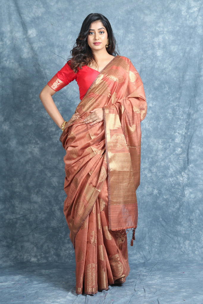 Copper Brown Blended Silk Soft Saree With Allover Zari Work freeshipping - Charukriti