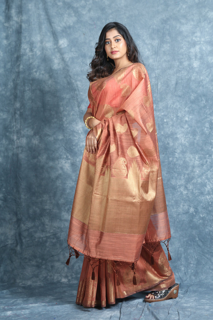 Copper Brown Blended Silk Soft Saree With Allover Zari Work freeshipping - Charukriti