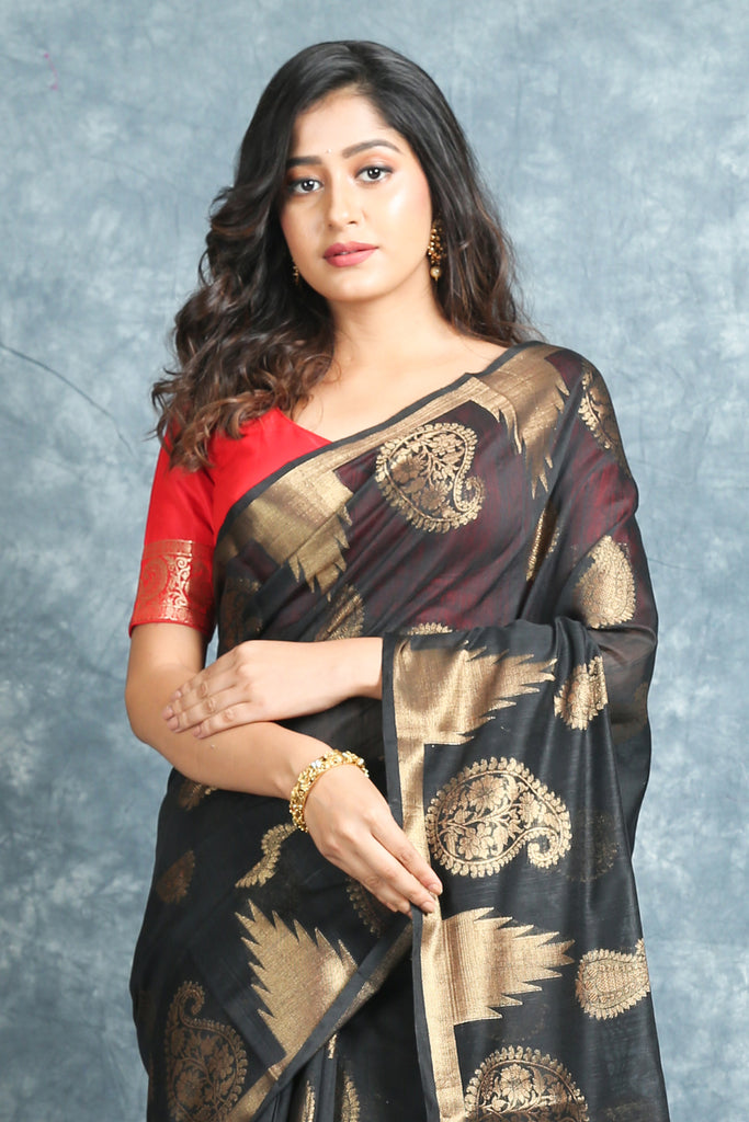 Black Blended Silk Soft Saree With Allover Zari Work freeshipping - Charukriti