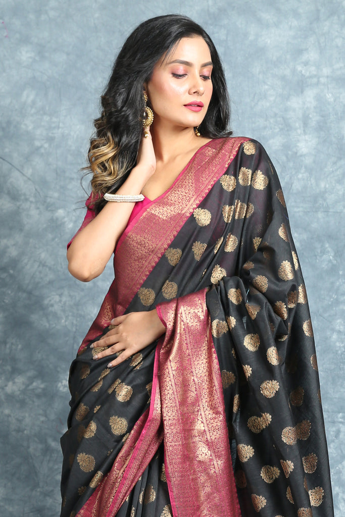 Black Blended Silk Soft Saree With Allover Zari Work freeshipping - Charukriti